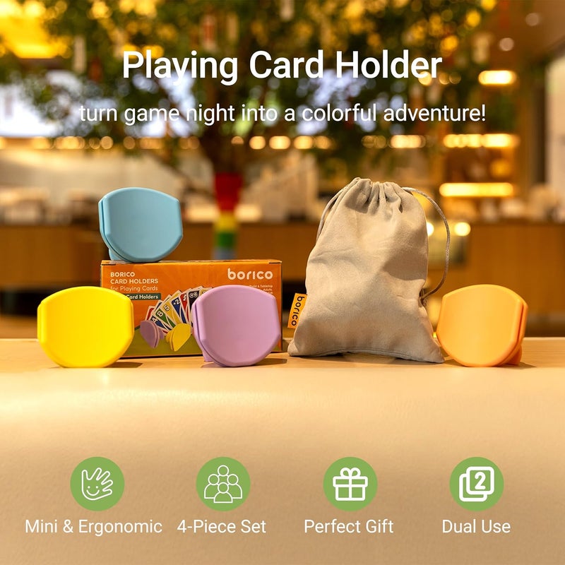 BORICO 4 Pack Playing Card Holders for Kids & Adults - Handheld/Tabletop Use/Drawstring Pouch, Perfect for Game Nights & Travel (4 Colors) - Image 2